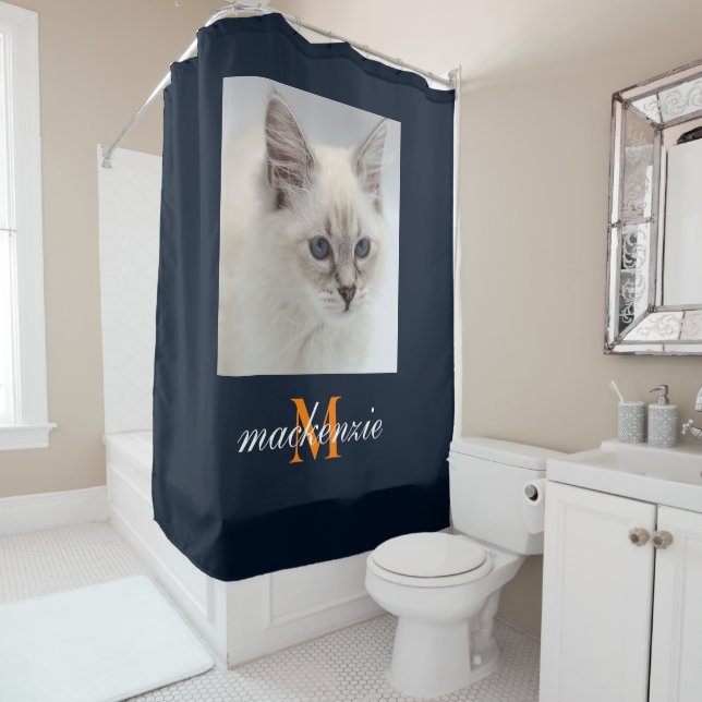 Elegant Navy Orange Monogram Script Custom Photo Shower Curtain (In Situ)