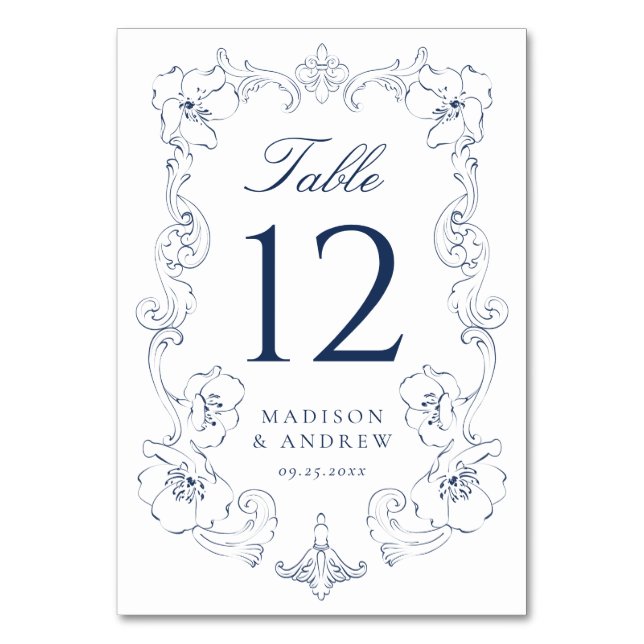 Elegant Navy Ornate Floral Frame Wedding Table Number (Front)
