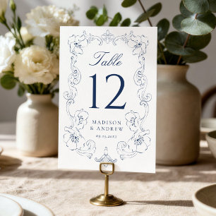 Elegant Navy Ornate Floral Frame Wedding Table Number