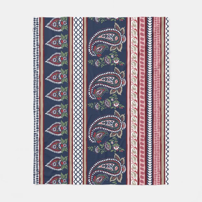Elegant Navy Paisley: Timeless Border Design Fleece Blanket (Front)