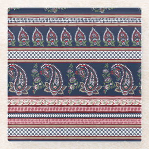Elegant Navy Paisley: Timeless Border Design Glass Coaster