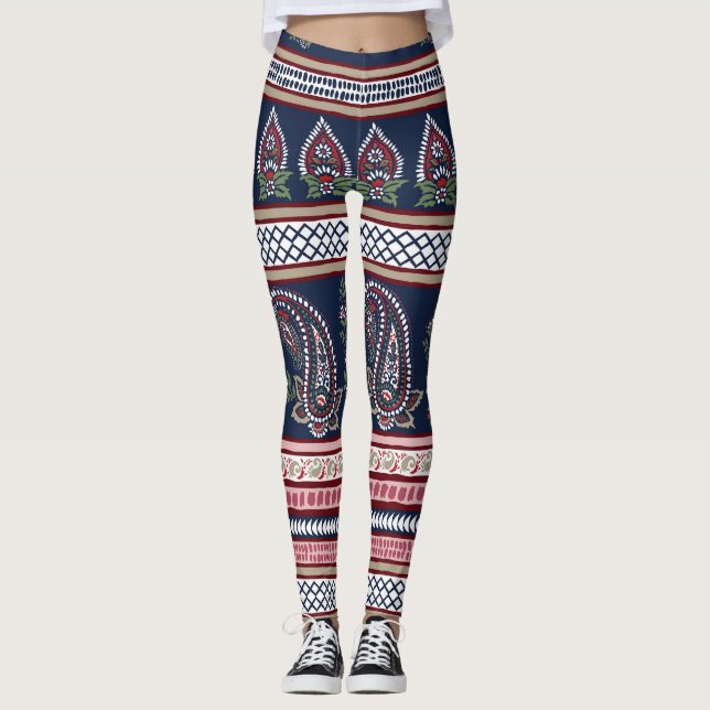 Elegant Navy Paisley: Timeless Border Design Leggings (Front)