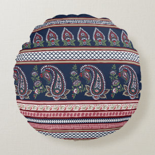 Elegant Navy Paisley: Timeless Border Design Round Cushion
