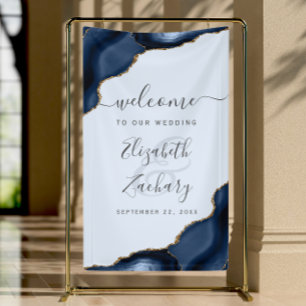 Elegant Navy Pale Blue Gold Agate Wedding Welcome Banner