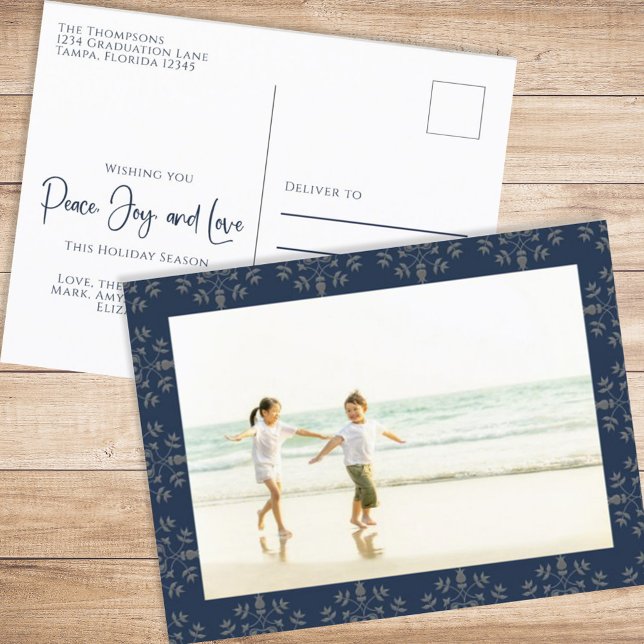 Elegant Navy Peace Joy Love Christmas Photo Holiday Postcard (Christmas holiday simple photo postcard template with an elegant navy blue design. )