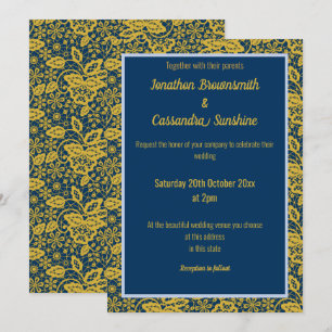 ELEGANT NAVY PERIWRINKLE GOLD LEAF WEDDING INVITATION
