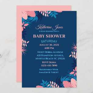 Elegant Navy Pink Floral Baby Shower Invitation