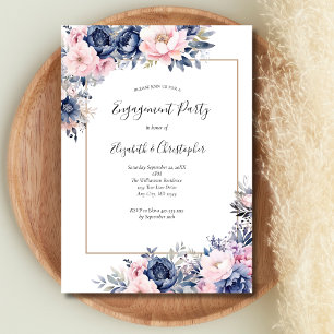 Elegant Navy Pink Floral Engagement Party Invitation