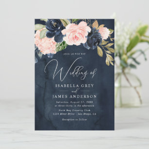 Elegant Navy Pink Floral Foliage Wedding Invitation
