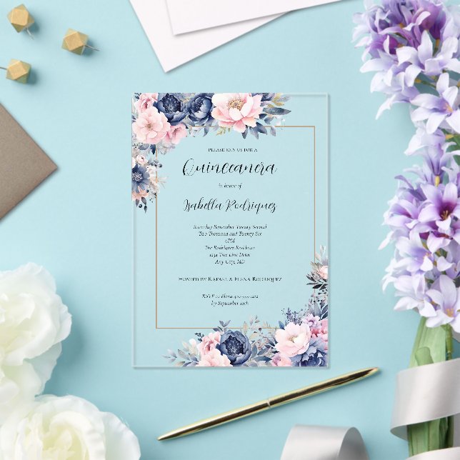 Elegant Navy Pink Floral Formal Quinceanera Acrylic Invitations (Insitu (Wedding))