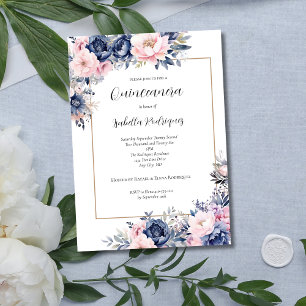 Elegant Navy Pink Floral Formal Quinceanera Invitation