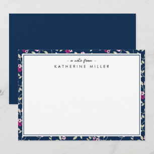 Elegant Navy Pink Floral Pattern Note Card