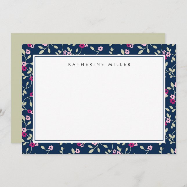 Elegant Navy Pink Floral Pattern  Note Card (Front/Back)