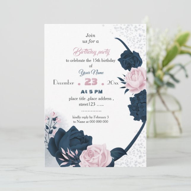 elegant navy & pink flowers birthday invitation (Standing Front)