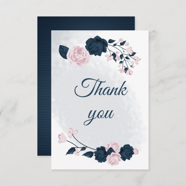 elegant navy & pink flowers botanical thank you card (Front/Back)