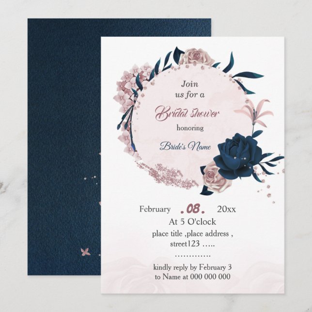 elegant navy & pink flowers bridal shower invitation (Front/Back)