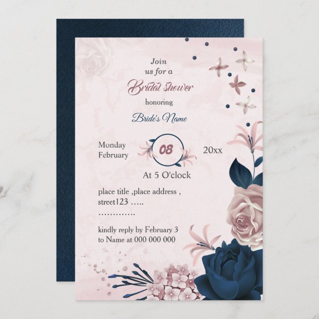 elegant navy & pink flowers bridal shower invitation (Front/Back)