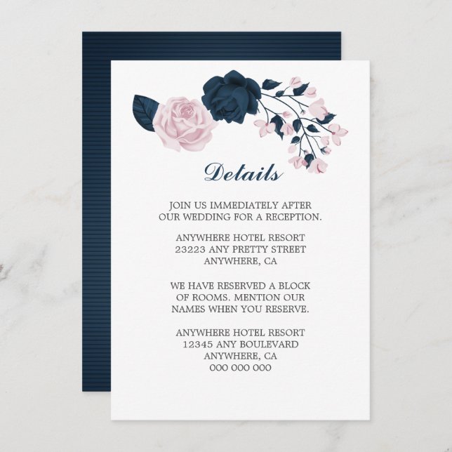 Elegant navy & pink flowers details enclosure card (Front/Back)