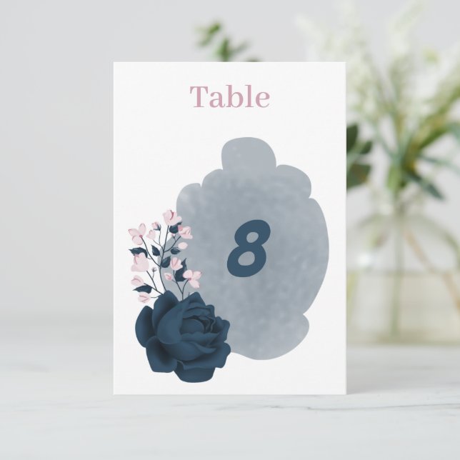 Elegant navy & pink flowers table number (Standing Front)