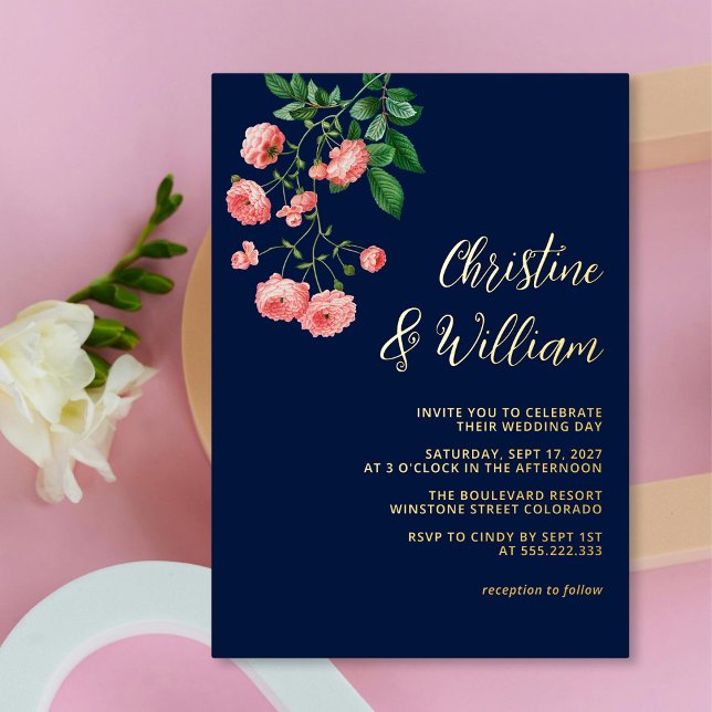 Elegant Navy & Pink Roses Personalised Wedding (Elegant Navy & Pink Roses Personalized Wedding Foil Invitation)