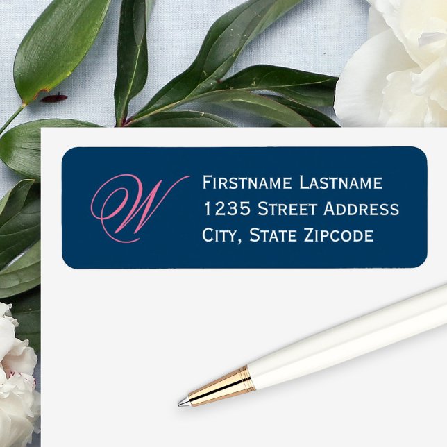 Elegant Navy Pink Script Monogram Address (Creator Uploaded)