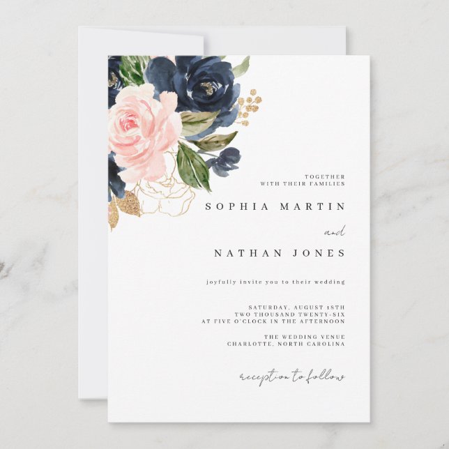 Elegant Navy Pink Watercolor Florals Wedding  Invitation (Front)