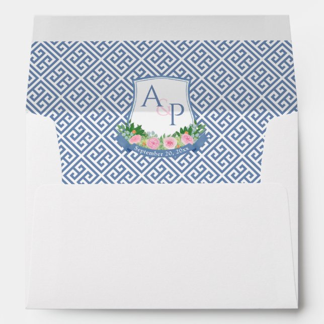 Elegant Navy Pink Wedding Monogram Return Address Envelope (Back (Bottom))