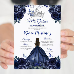 Elegant Navy Princess Floral Silver Mis Quince Invitation