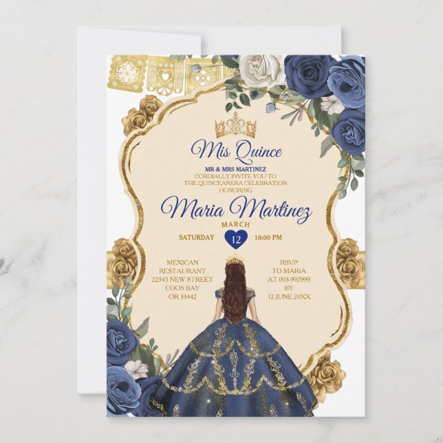 Elegant Navy Princess White Floral Quiñceanera Invitation (Front)