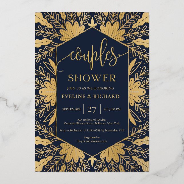 Elegant navy real gold foil script couples shower (Front)