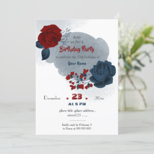 elegant navy & red floral botanical birthday invitation