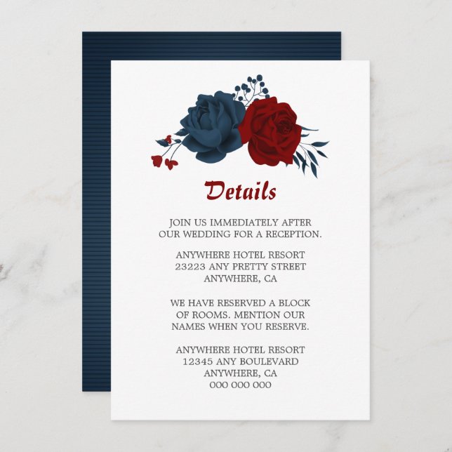 Elegant navy & red flowers details enclosure card (Front/Back)