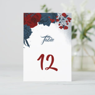 Elegant navy & red flowers table number