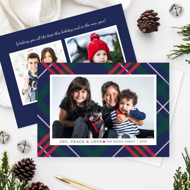 Elegant Navy Red Green Tartan Plaid Multi Photo Holiday Card (Creator Uploaded)