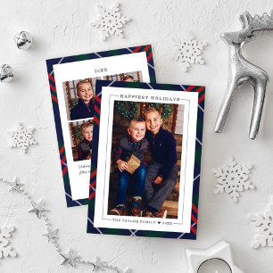 Elegant Navy Red Green Tartan Plaid Multi Photo Holiday Card