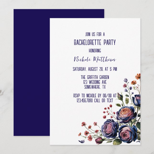 Elegant Navy Rose and Coral Bachelorette Party Invitation (Front/Back)