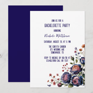 Elegant Navy Rose and Coral Bachelorette Party Invitation