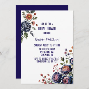 Elegant Navy Rose and Coral Bridal Shower Invitation
