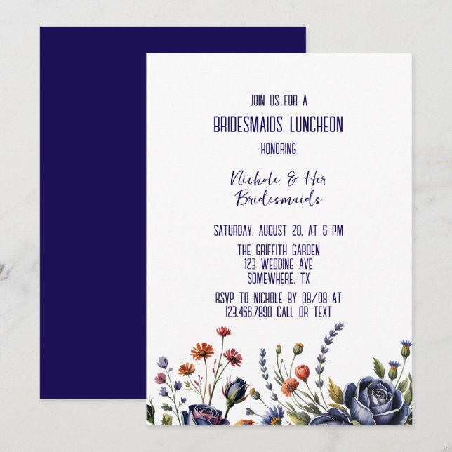 Elegant Navy Rose and Coral Bridesmaids Luncheon Invitation (Front/Back)