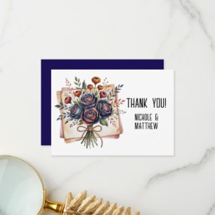 Elegant Navy Rose and Coral Wedding Thank You Card