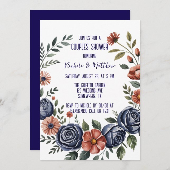 Elegant Navy Rose and Terracotta Couples Shower Invitation (Front/Back)