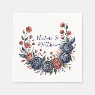 Elegant Navy Rose and Terracotta Florals Wedding Napkin