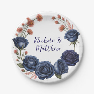 Elegant Navy Rose and Terracotta Florals Wedding Paper Plate