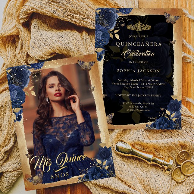 Elegant Navy Rose Gold Floral Photo Quinceanera  (Creator Uploaded)