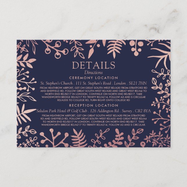 Elegant Navy & Rose Gold Floral Wedding Collection Enclosure Card (Front)