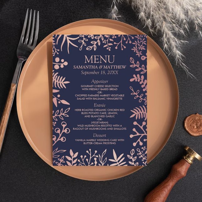 Elegant Navy & Rose Gold Floral Wedding Collection Menu (Creator Uploaded)