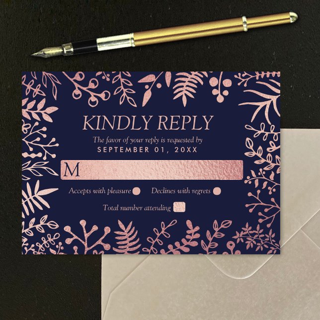 Elegant Navy & Rose Gold Floral Wedding Collection RSVP Card (Creator Uploaded)