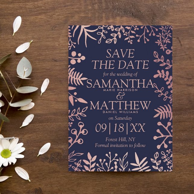 Elegant Navy & Rose Gold Floral Wedding Collection Save The Date (Creator Uploaded)
