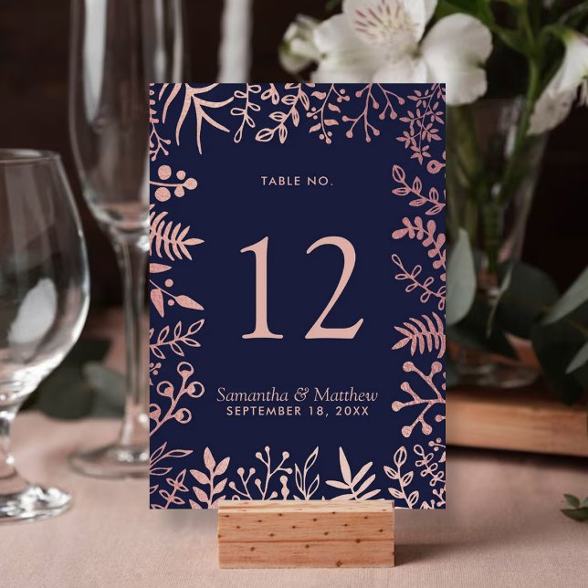 Elegant Navy & Rose Gold Floral Wedding Collection Table Number (Creator Uploaded)