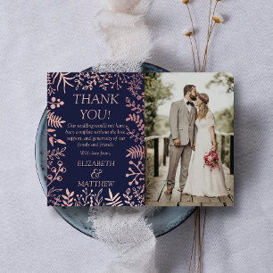 Elegant Navy & Rose Gold Floral Wedding Photo Thank You Card